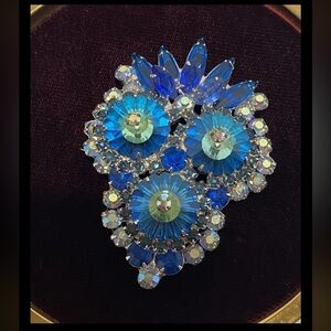 VTG 2.5” LARGE Juliana D&E Rhinestone Layered BROOCH *OR* PENDANT Peacock Blue